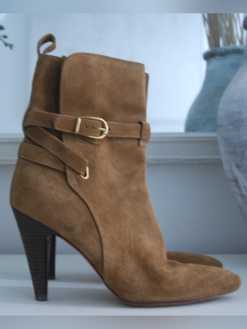 Veronica Beard Camel Suede Ankle Boot with Buckle Strap— Size 9